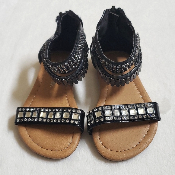 Black Rhinestone & Metal Zip Back Sandals Baby Girl Size 5 Shoes - Picture 4 of 11